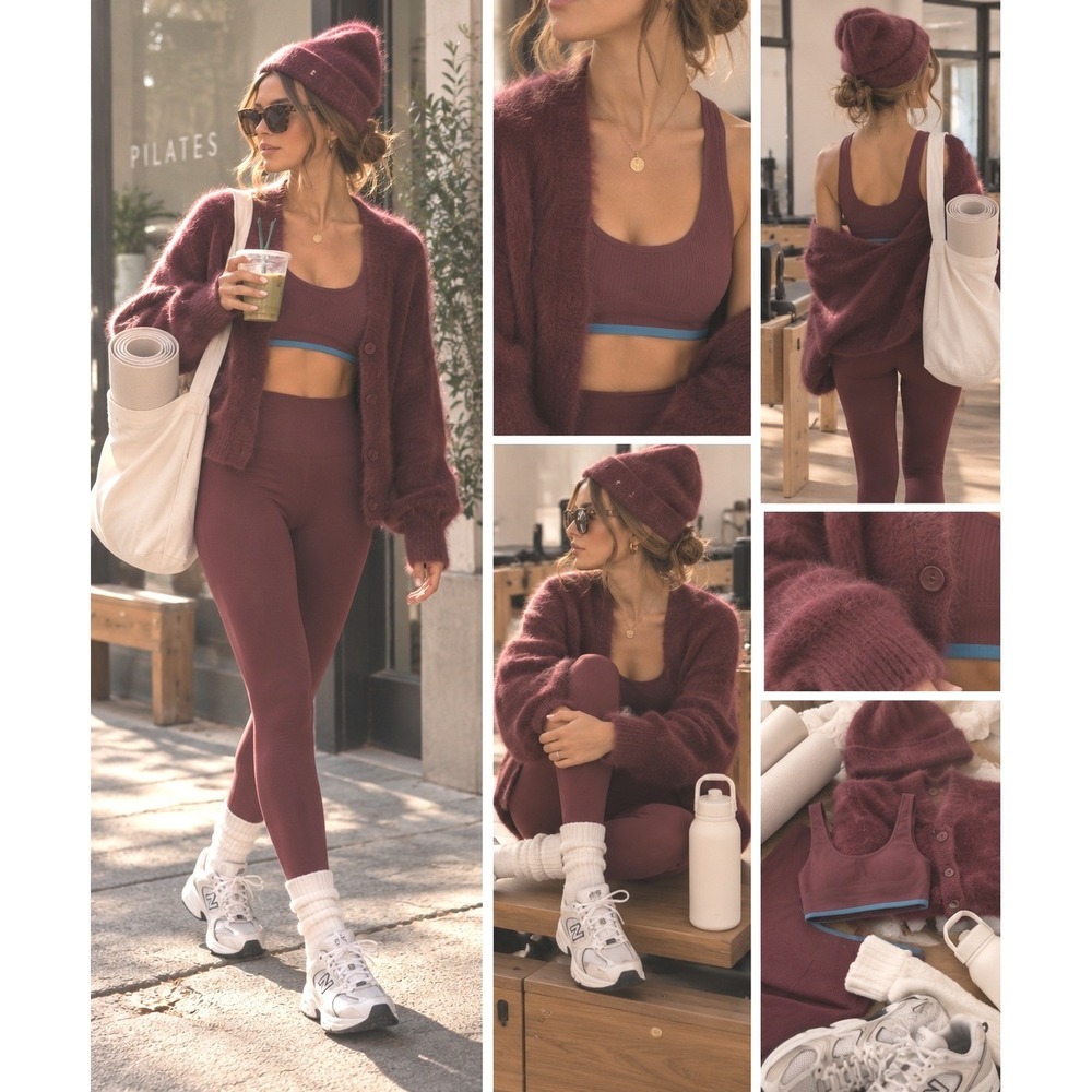 Outdoor Voices matching set bralette legging 7/8 maroon teal banded workout med